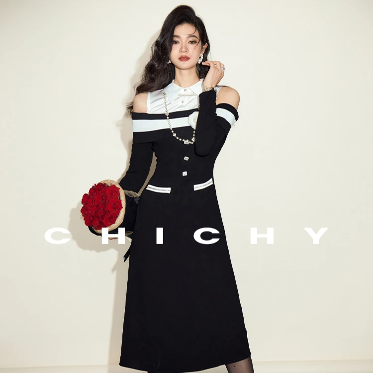 【彭彭echo专属】CHICHY拼接设计法式名媛长袖露肩连衣裙CC8F021243