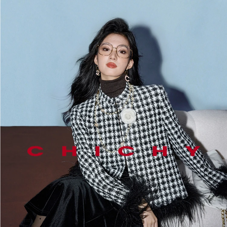 【品牌福利】CHICHY复古高级感黑色格纹毛呢外套CC2J001244