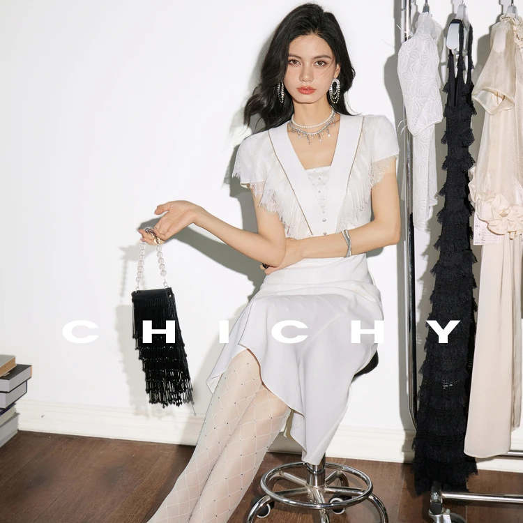 【诗语专属】CHICHY白色千金风蕾丝连衣裙设计感裙子CC8C026242