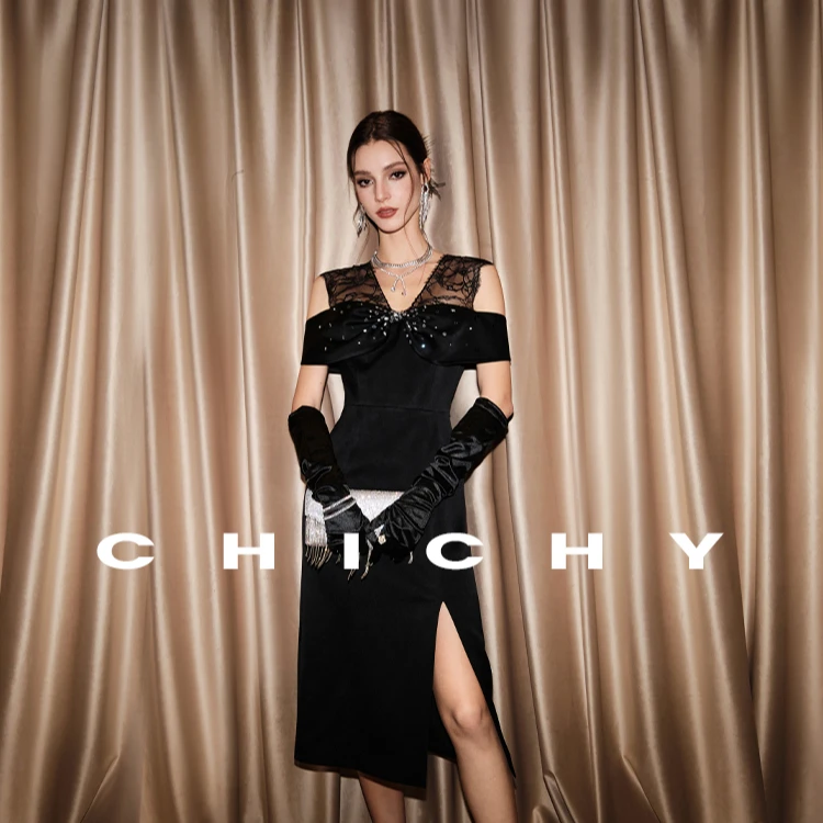 【媛媛女王专享】CHICHY复古名媛风V领蕾丝拼接连衣裙CC8C007242