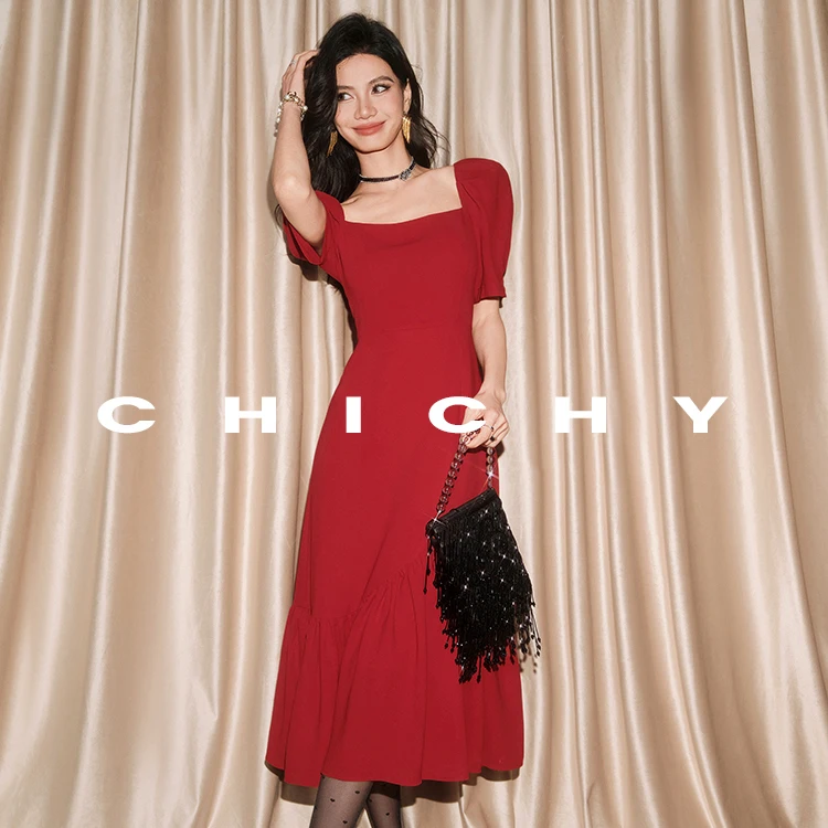 【尚雅】CHICHY复古连衣裙女红色洋气显瘦连衣裙CT8C005242