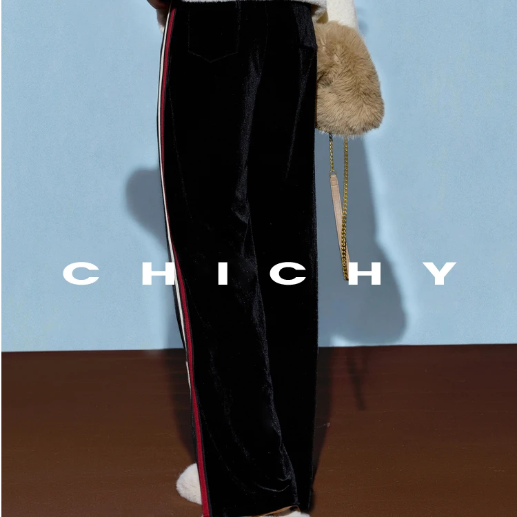 《李易行》CHICHY法式名媛黑色开叉丝绒休闲裤CC6E005244