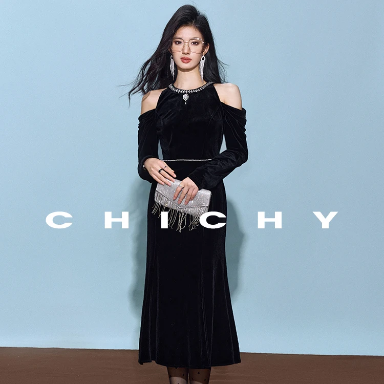 【若谷专属】 CHICHY法式千金黑色露肩丝绒连衣裙长裙CC8F011244