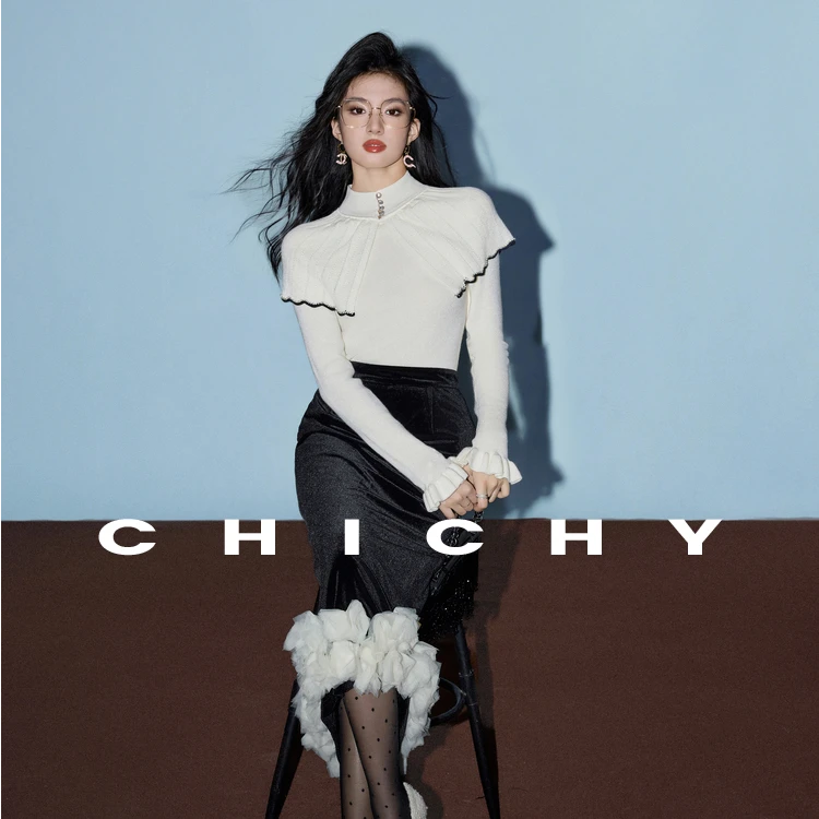 【尚雅】CHICHY独特重工蕾丝拼接设计丝绒半身裙CW5C003244