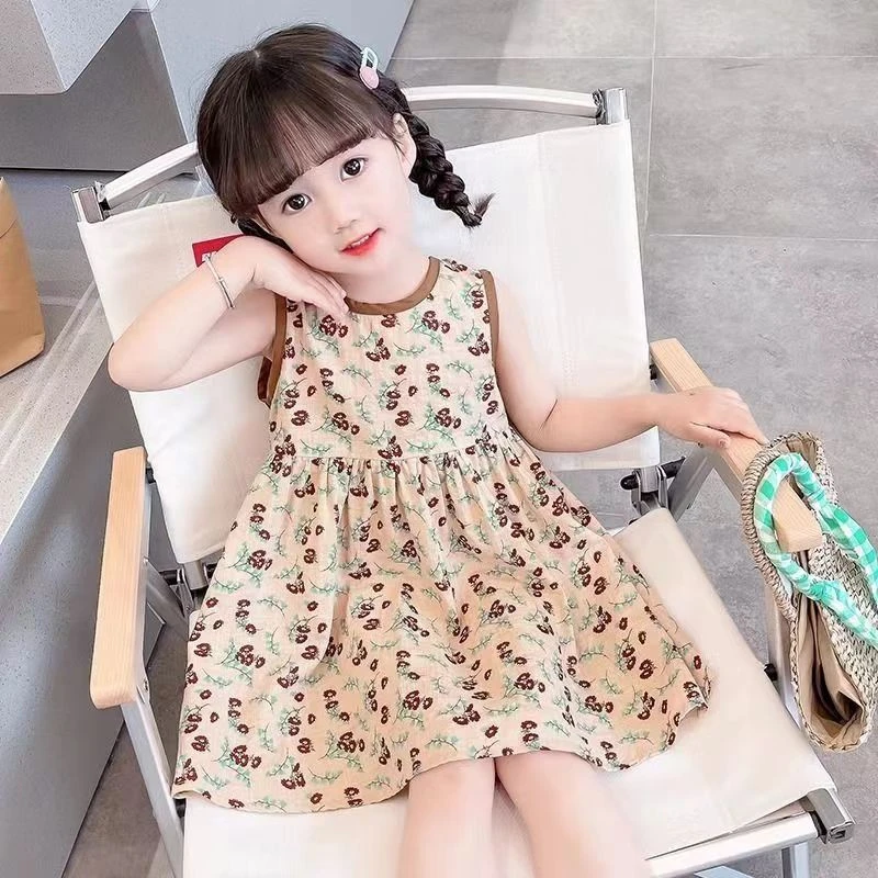 女童夏季洋气宝宝碎花裙露背蝴蝶结中大童复古百搭女宝儿童背心裙