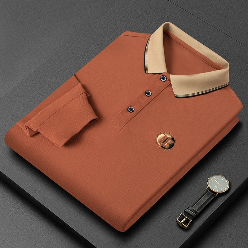 秋季高档男士长袖T恤休闲翻领刺绣POLO衫轻奢大码中青年打底上衣