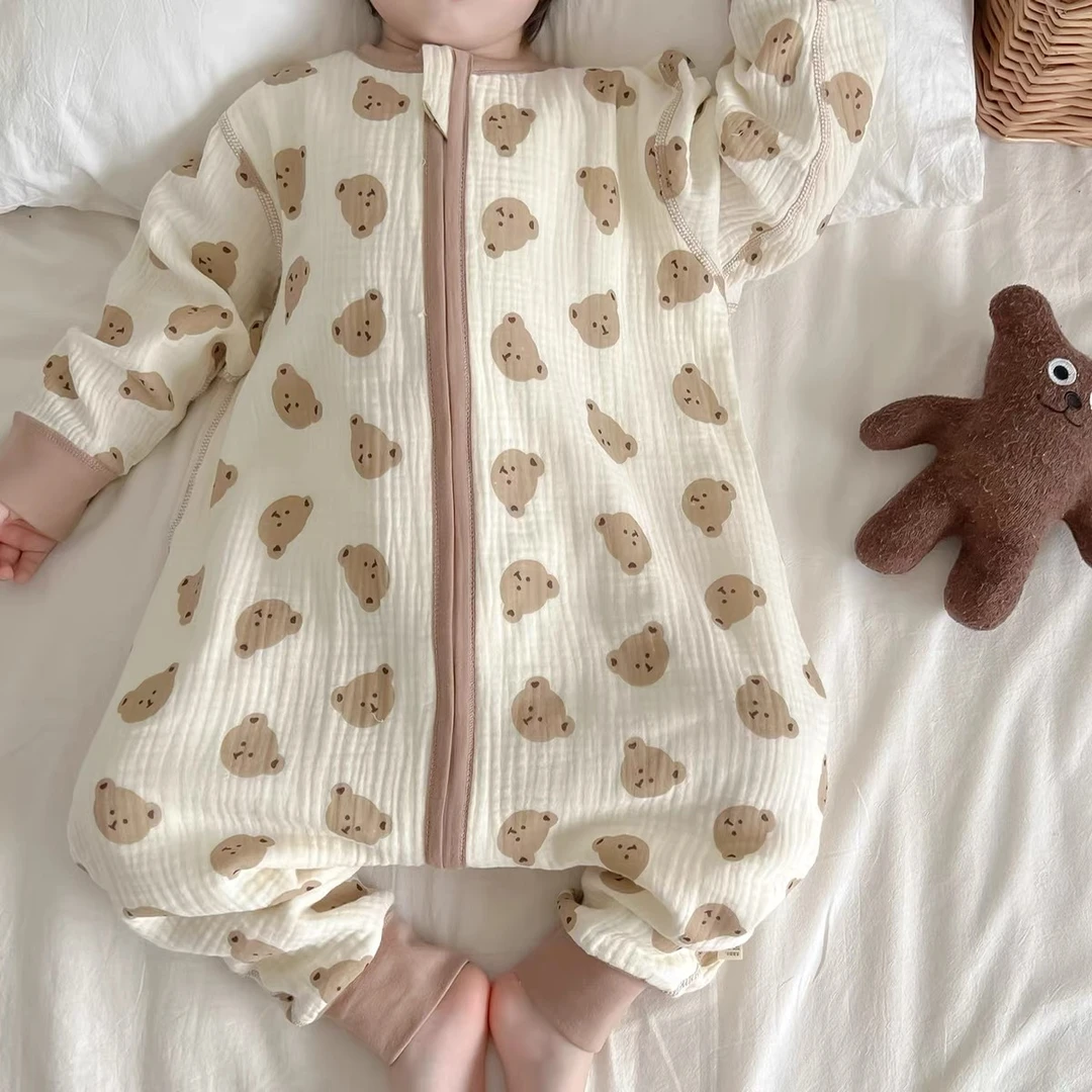 婴儿童纯棉纱睡袋春秋季薄款连体睡衣纱布分腿防踢被子宝宝家居服