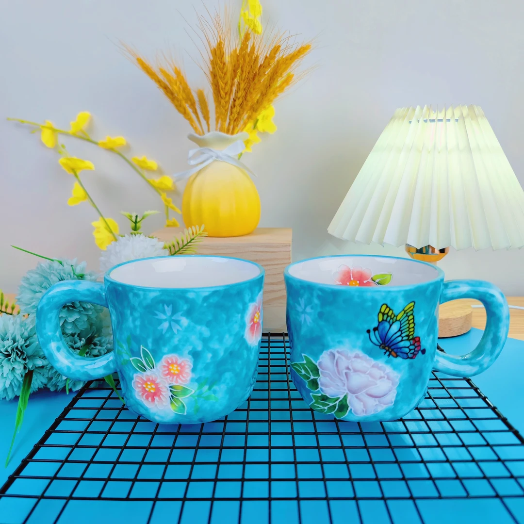 濑户烧釉下彩手绘花朵马克杯（圆）早餐杯牛奶杯家用网红高颜值