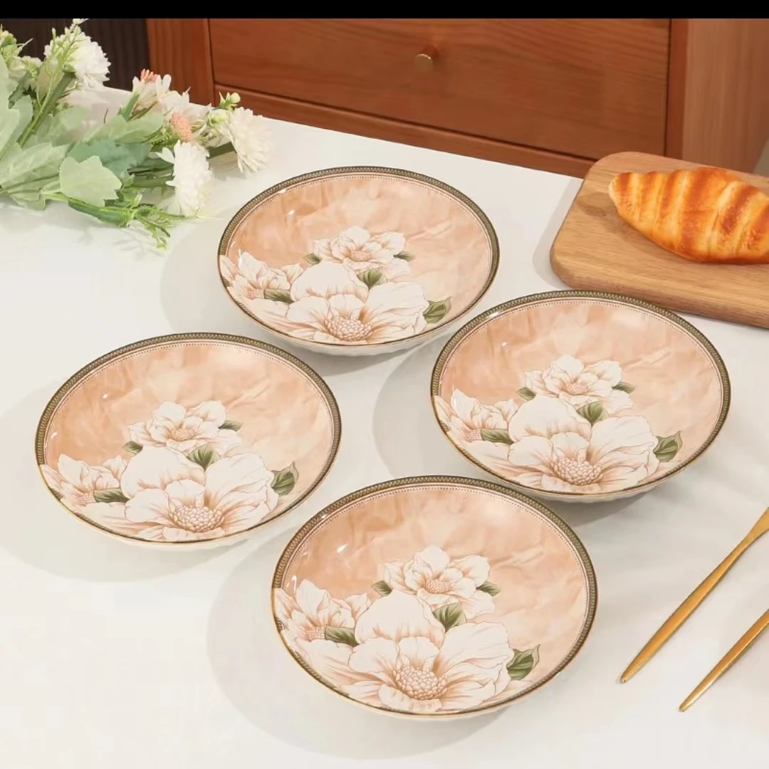 山茶花7英寸8英寸圆盘家用釉下彩陶瓷餐具圆形饭盘网红高颜值