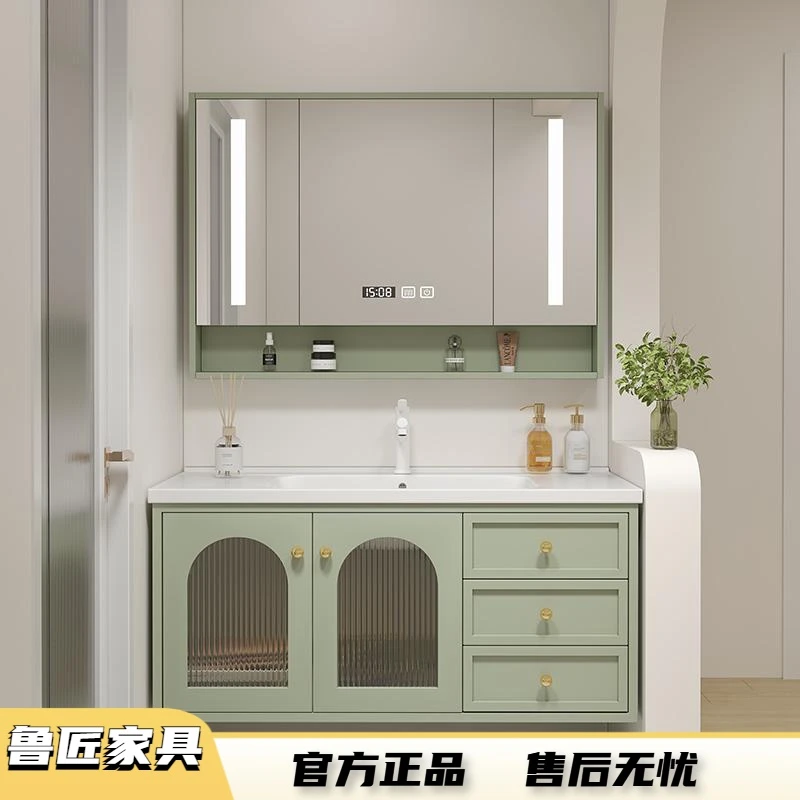 橡木浴室柜2022新款陶瓷一体盆洗脸池柜组合洗手盆柜洗漱台奶油风