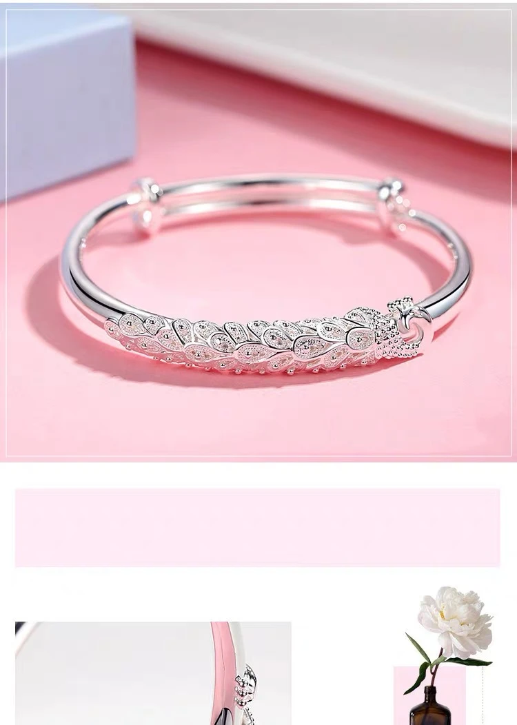 足银手镯 [久安银饰】足银手镯999.9银手镯女实心孔雀花丝推拉新款