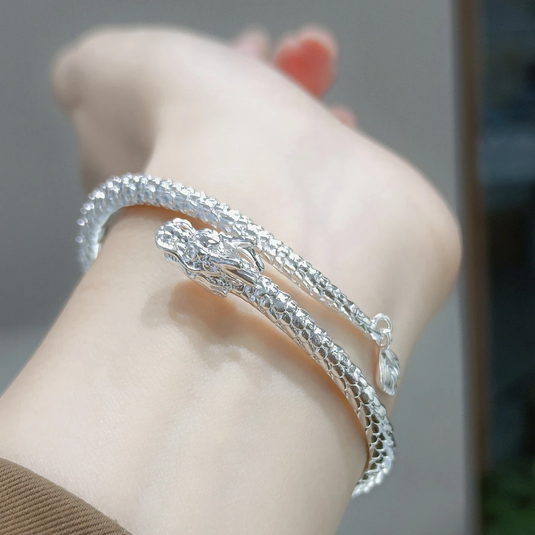 足银手镯 足银9999手镯 神龙摆尾手镯男女情侣款百搭开口可调节款