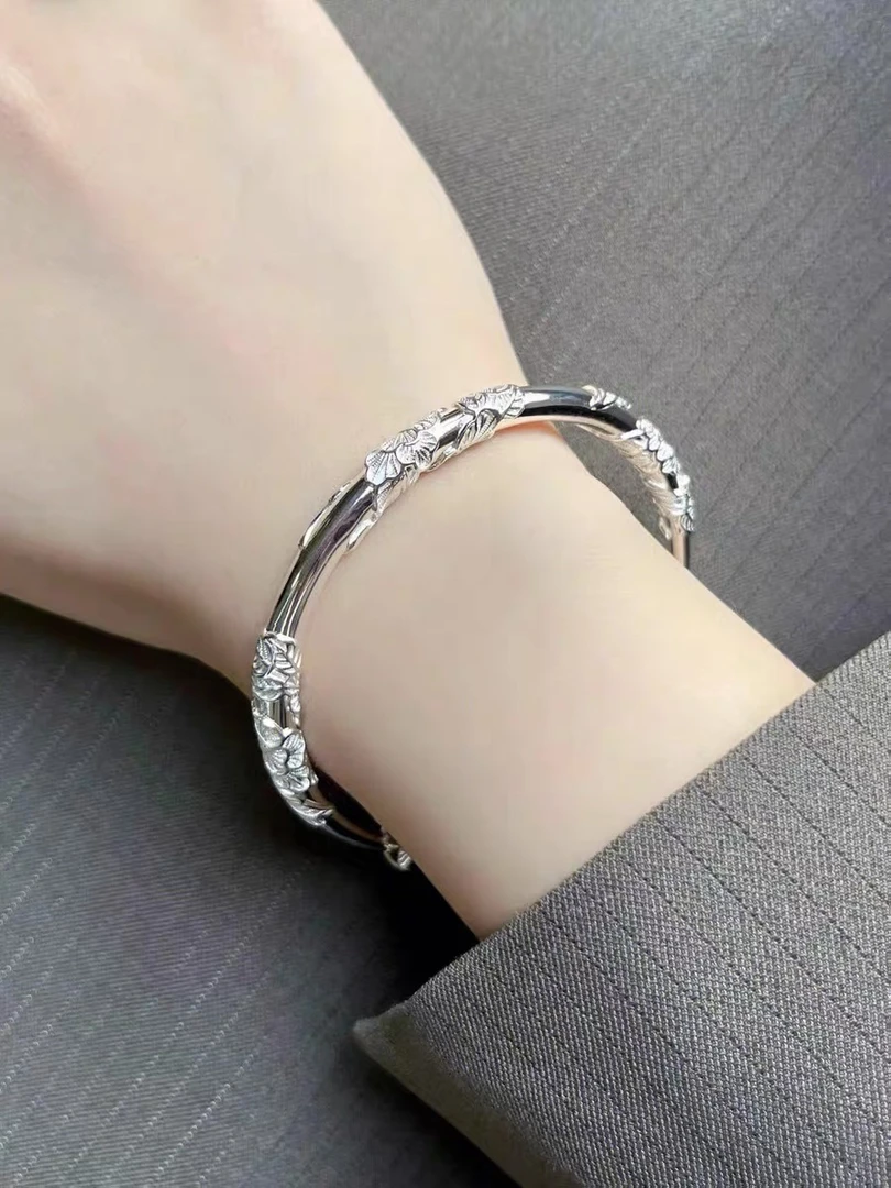 足银手镯  足银9999纯银繁花枝手镯推拉可调节镯子实心经典时尚款