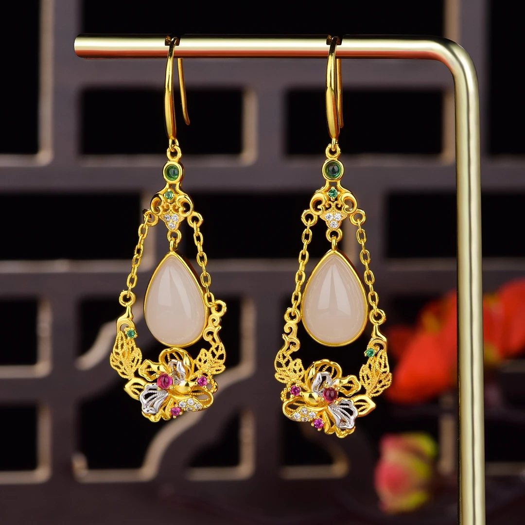 承韵珠宝 和田玉水滴牡丹花S925银镶嵌耳环耳坠耳饰