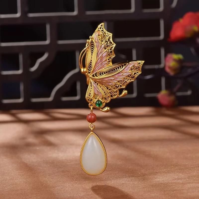 破茧成蝶胸针吊坠两戴款和田玉珐琅彩中秋节日生日礼物女朋友国风