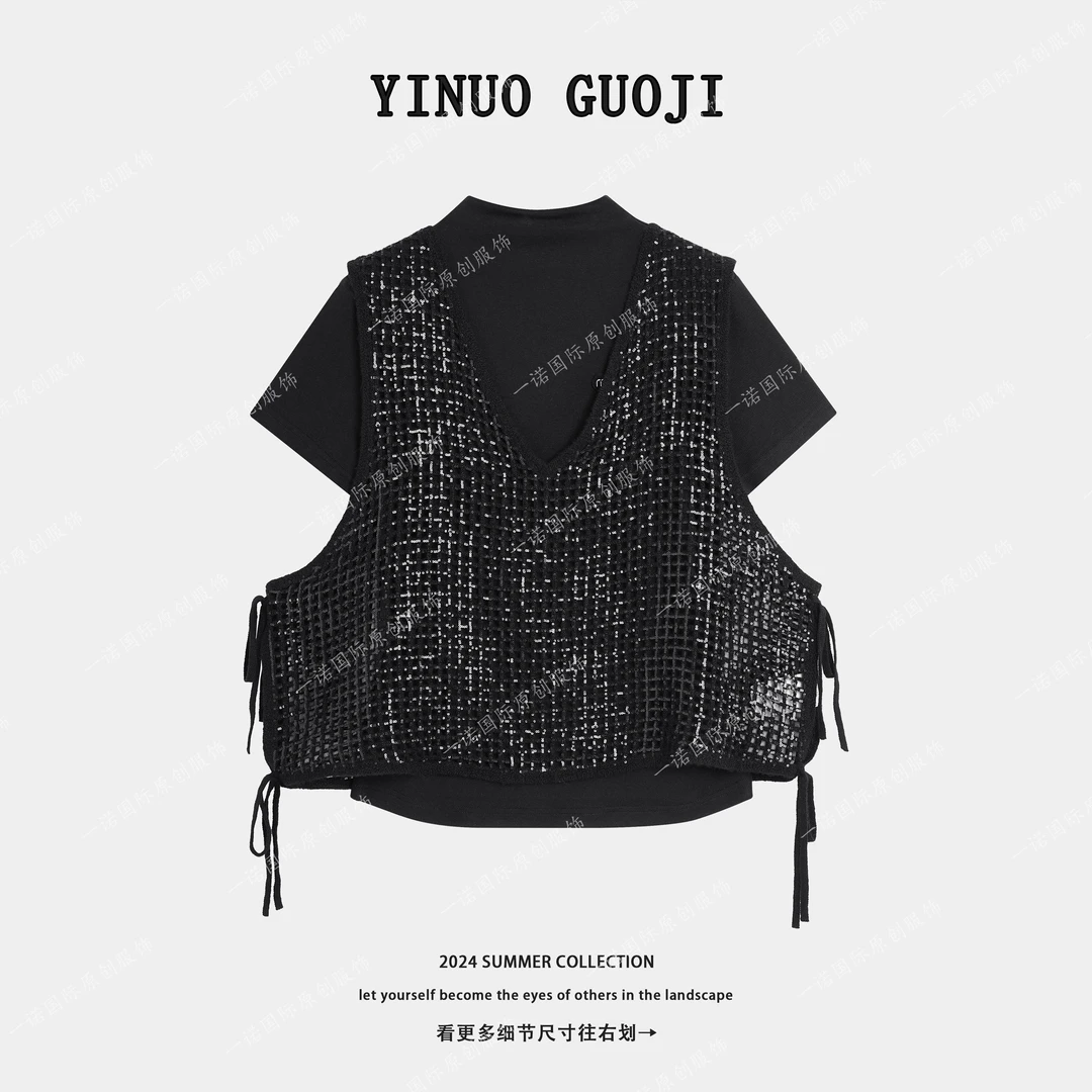 气质显瘦休闲小衫马甲两件套拼接重工黑色上衣女新款-YT43657