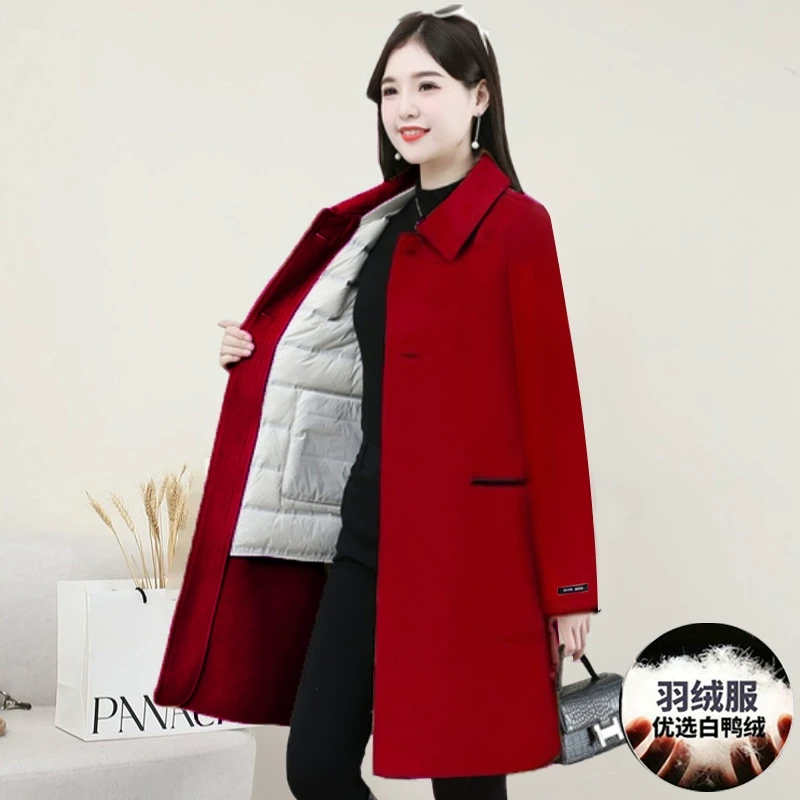 本命年红色时尚可拆羽绒服2025新款冬爆款贵夫人双面毛呢韩版大衣