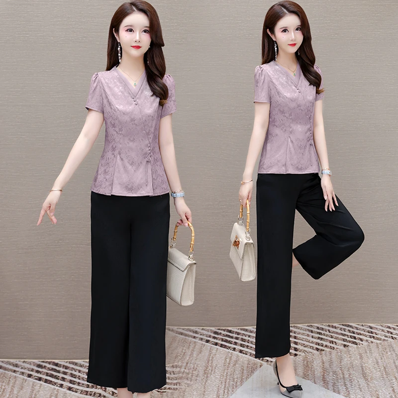 【可蓓儿】高端时尚洋气减龄中国风阔腿裤两件套装夏季可蓓儿阔太太