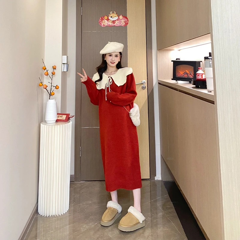 【绵绵甜巧】孕妇装秋冬时尚减龄大翻领针织洋气时髦长款连衣裙子