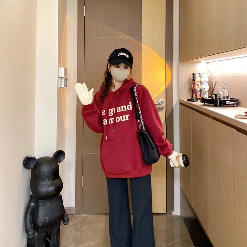 【时髦控】孕妇装韩版时尚宽松连帽休闲字母印花加绒款套头卫衣7899