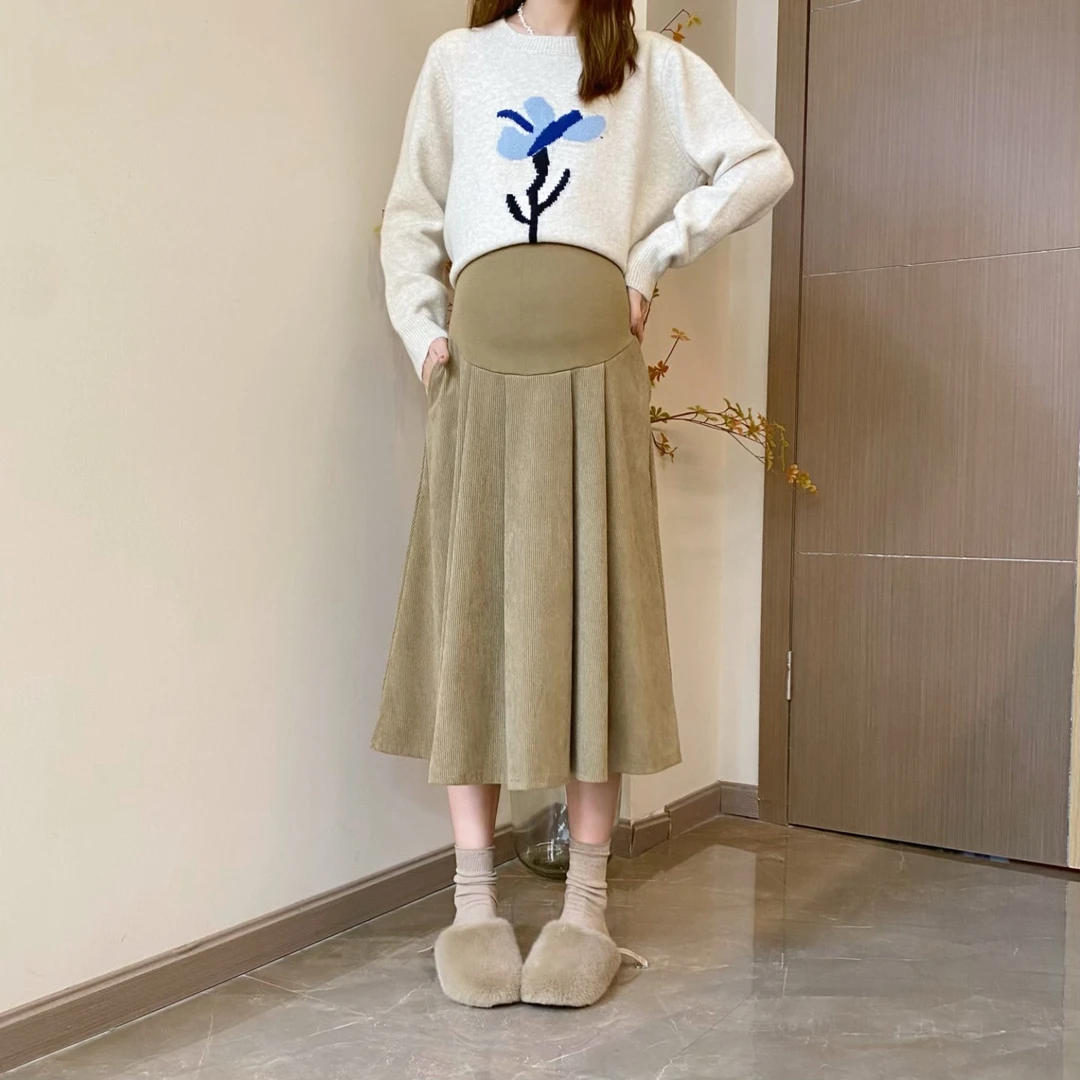 【蕾拉小姐】孕妈秋冬装复古灯芯绒A字宽松春秋托腹中长款半身裙子