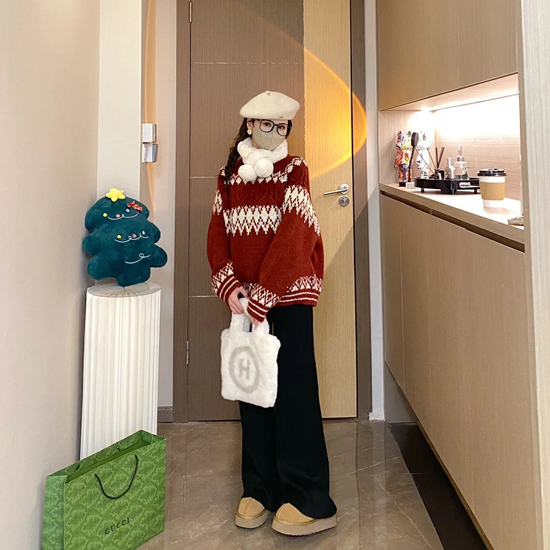 【布鲁克林】孕妇装时尚秋冬复古提花慵懒感圆领套头冬季毛衣7902