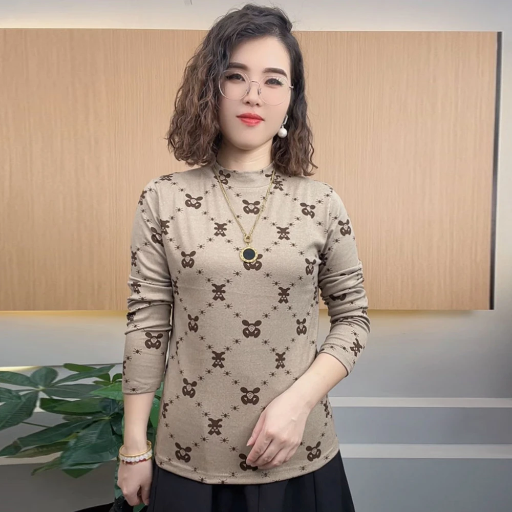 2024秋季新款妈妈装长袖打底衫女修身百搭印花T恤中老年女装上衣