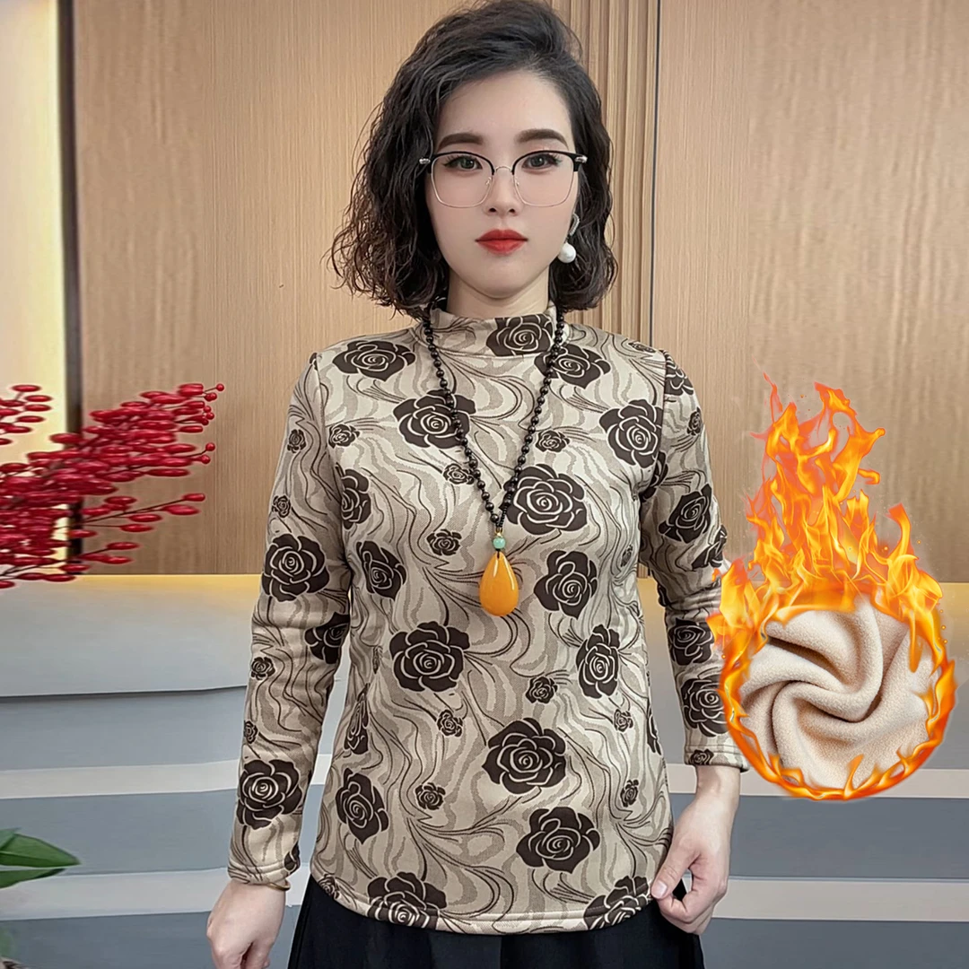 冬季新款加绒加厚长袖打底衫半高领修身显瘦妈妈装T恤中老年女装