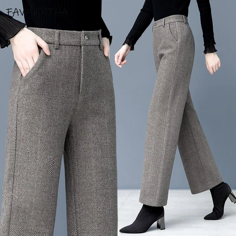 FAVMARTHA人字纹毛呢阔腿裤女秋冬季2023新款高腰垂感加绒加厚妈