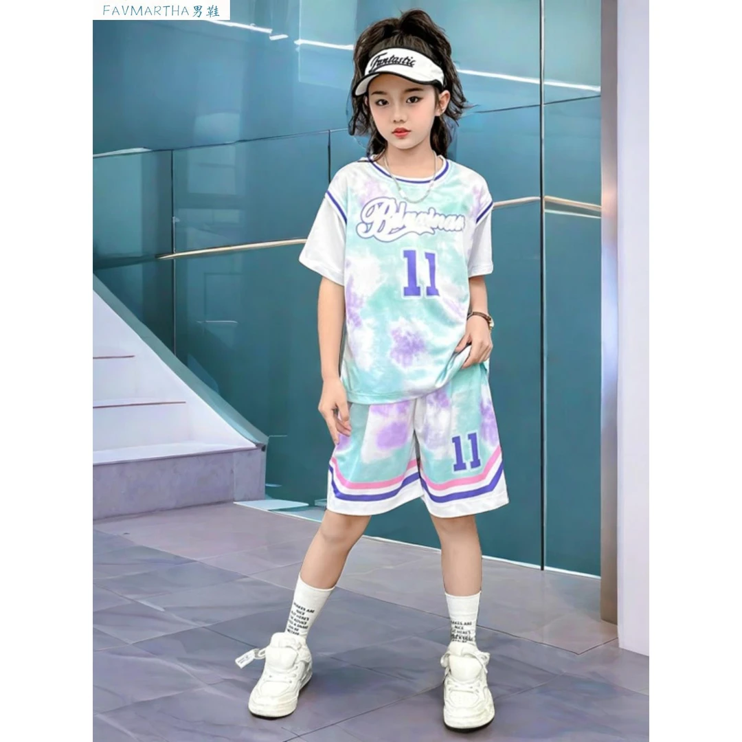 FAVMARTHA女童夏季篮球服套装儿童新款中大童运动速干球服假两件