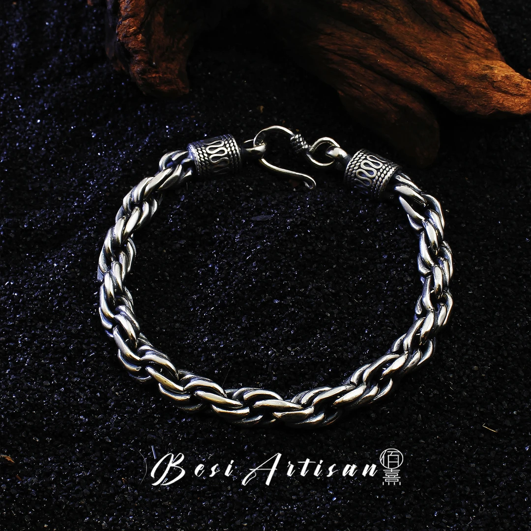 925银手链 纯银手工编织麻花男手链复古做旧霸气高级感龙骨银手链