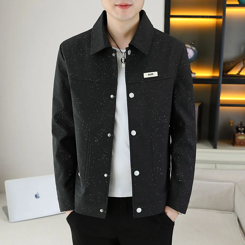 秋冬新款高品质轻奢时尚满天星夹克男士外套潮流翻领帅气夹克外套