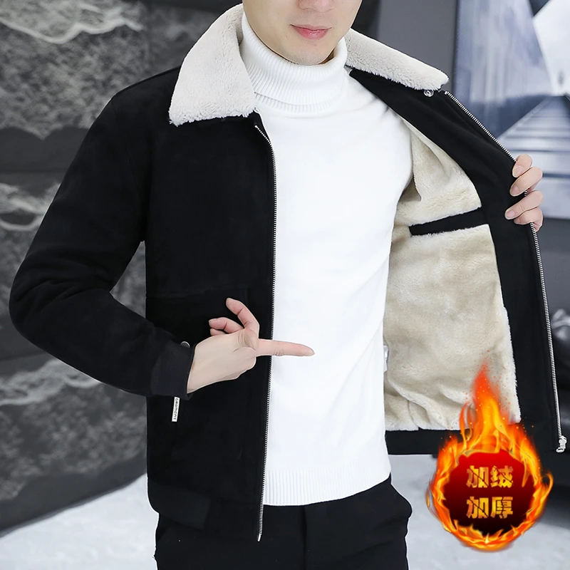 冬季新款男士翻毛领夹克外套潮流修身短款加绒加厚休闲百搭潮上衣