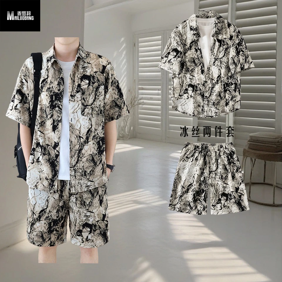 夏季水墨扎染冰丝套装潮流男士高级感痞帅宽松衬衫短袖短裤两件套