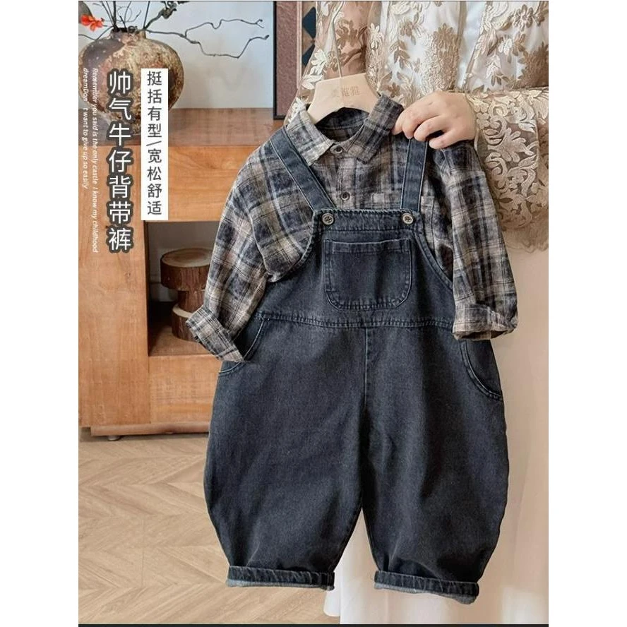 萌酷穿搭~韩版秋季新款男童女童软糯牛仔背带裤帅气潮儿童连体裤