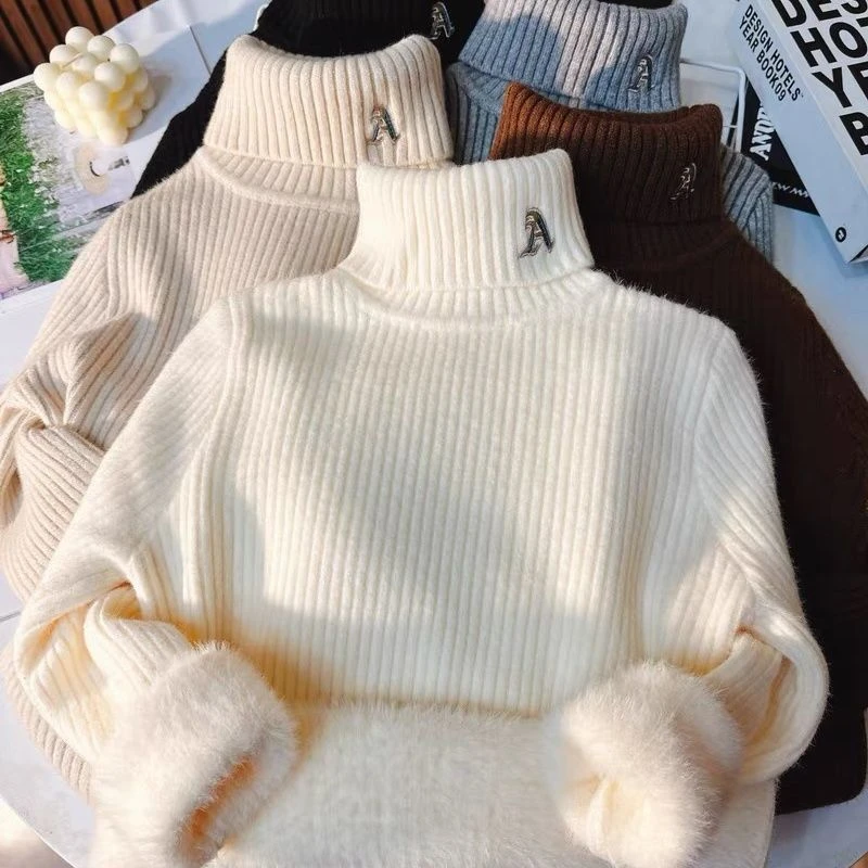 一体绒男女童半高领2023秋冬新款中童加绒加厚打底毛衣女童针织衫