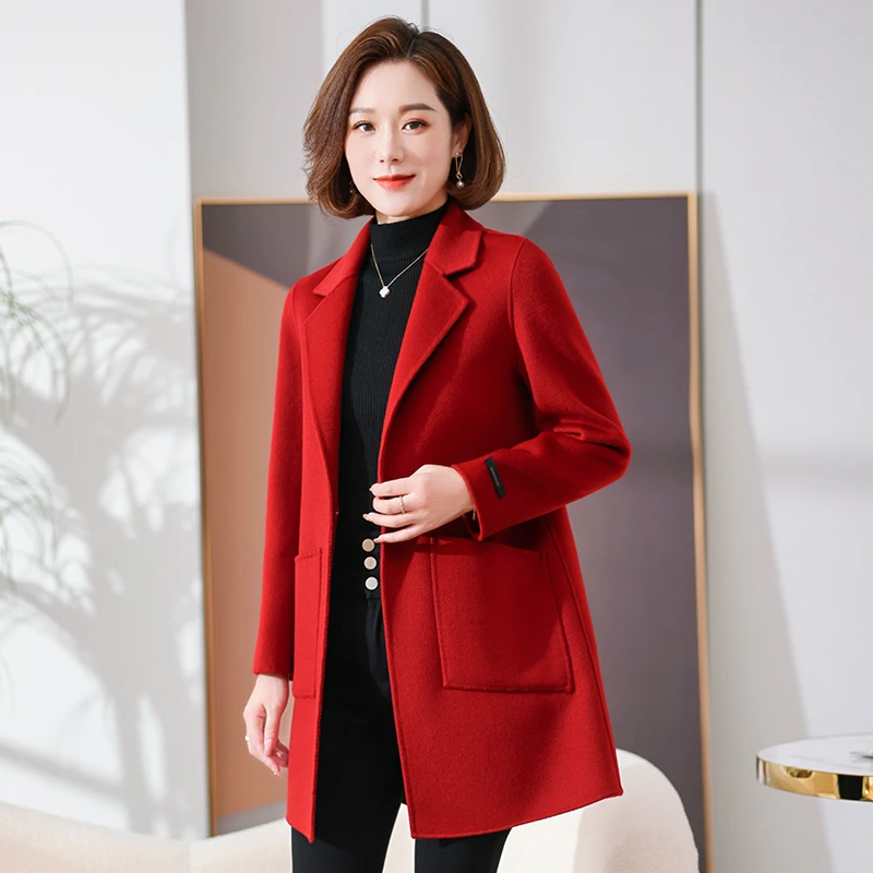 2025秋冬新款双面羊毛呢大衣女中长款小个子纯羊毛呢子外套大码