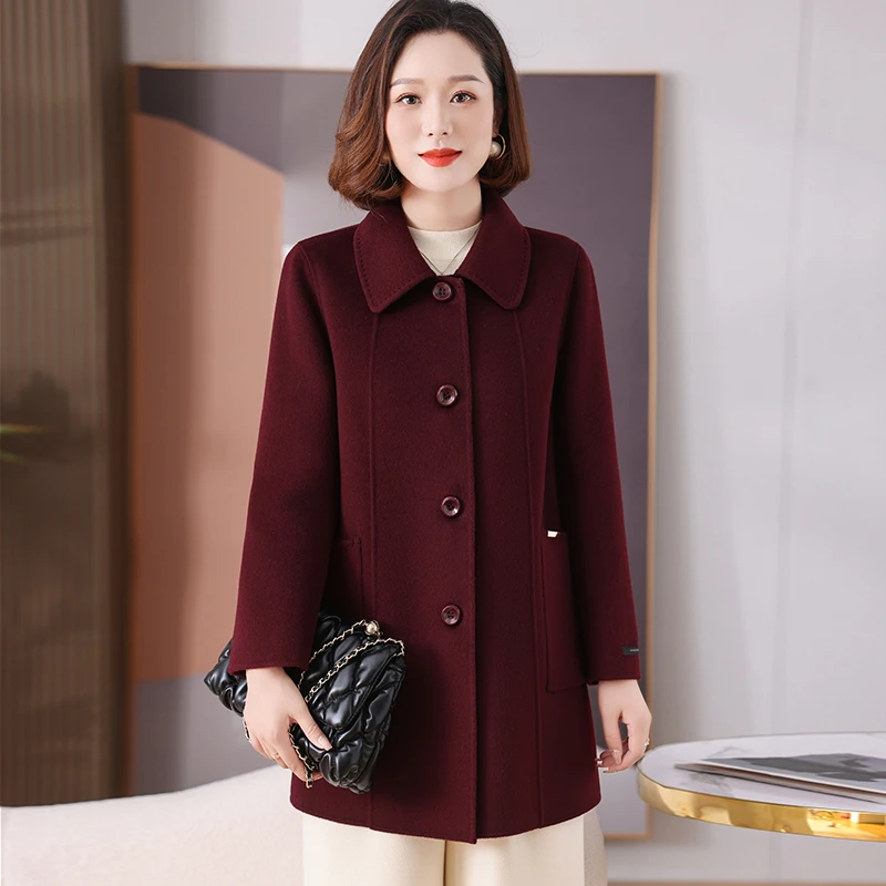 妈妈双面绒羊毛大衣女时尚中老年洋气高贵秋冬装加大码毛呢子外套