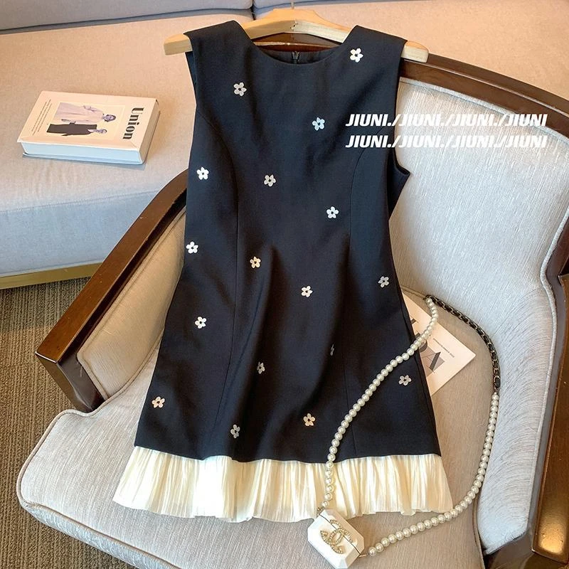 88089法式小香风花朵拼接无袖背心裙复古收腰显瘦气质连衣裙