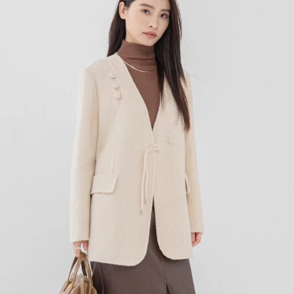 浅秀：【100高支澳羊毛】中长款宽松气质百搭双面呢大衣毛呢外套2430