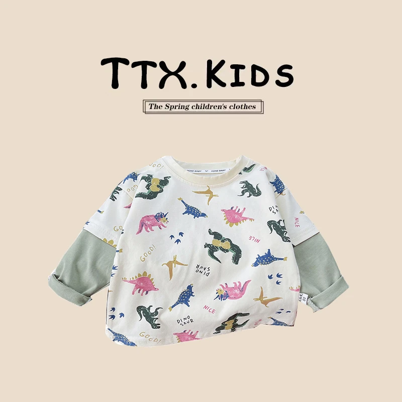 春秋儿童新款男宝宝长袖拼接棉质卡通图案潮款男童t恤中小童上衣T