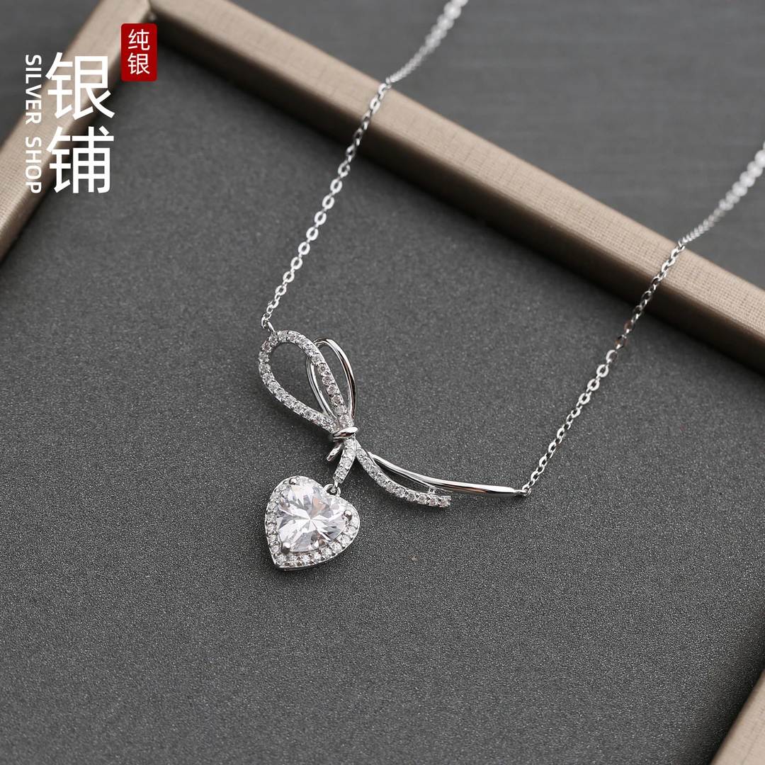 坠链均925银合成锆石 心形项链女款高级感镶嵌蝴蝶结锁骨链不过敏