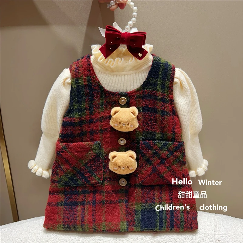 秋冬女童背心裙加绒红色女宝格子裙洋气韩版周岁小女孩小童过年服