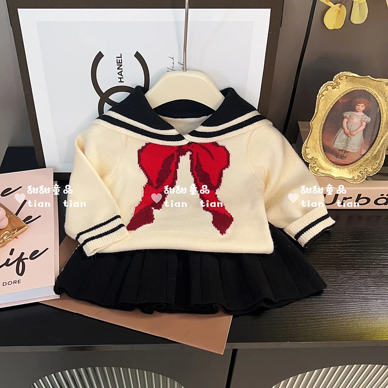 【甜甜baby】潮童宝宝2025年秋冬新品针织学院风套装百搭保暖百褶裙