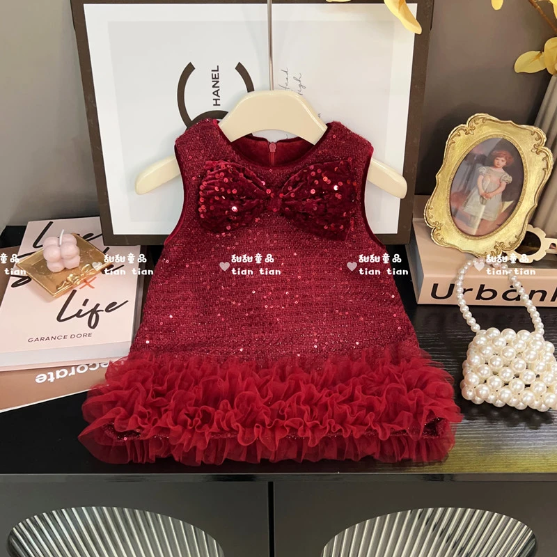 【现货】潮童宝宝亮片礼服裙周岁礼物女童过年新年战袍蝴蝶结裙