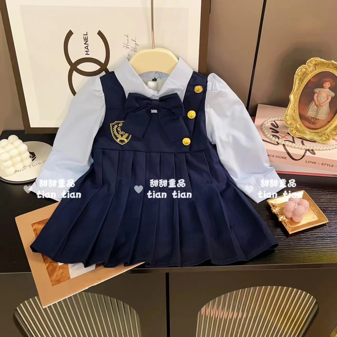 【甜甜baby】潮流女童学院风假两件幼儿园宝宝时尚长袖连衣裙女宝裙
