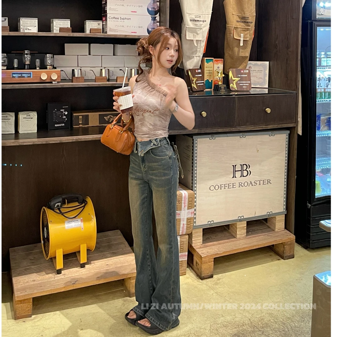 枯木牛仔裤女做旧复古微喇后口袋绑带设计显瘦别致百搭ins风女