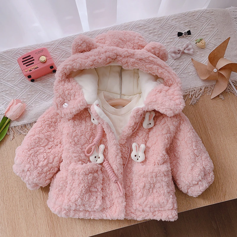 儿童冬季连帽加绒加厚女宝保暖韩版公主婴儿女童毛毛衣棉服卡通