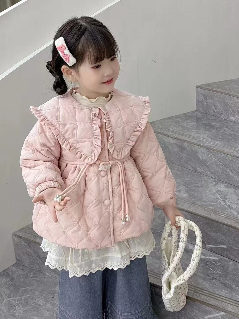 冬季娃娃领韩版加厚加绒女童洋气中长款棉服儿童小女孩小香风翻领
