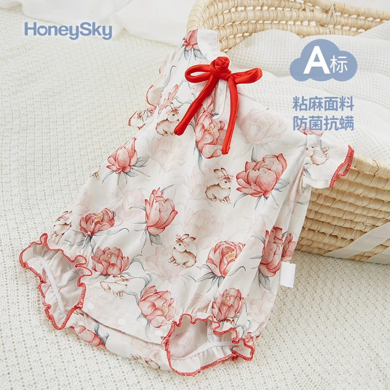 哈尼天空婴儿旗袍包屁衣碎花夏季薄款透气三角爬幼儿宝宝哈衣爬服